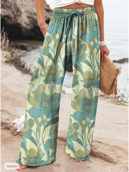 

Casual Cotton Floral Print Paisley Loose Long Pants, Green, Pants