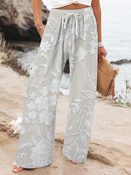 

Women Floral Long Pant Casual Spring/Fall Trousers, White, Pants