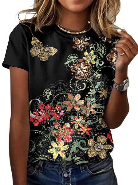 

Casual Floral Crew Neck Short Sleeve T-shirt, Black, T-shirts