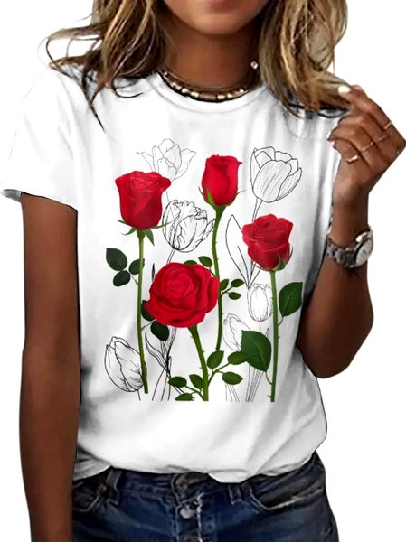 

Casual Floral Crew Neck Short Sleeve T-shirt, White, T-shirts