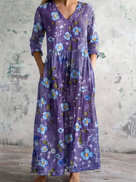 

Women Floral Crew Neck Long Sleeve Comfy Casual Maxi Dress, Purple, Maxi