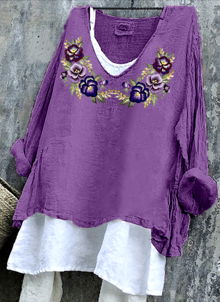 

Women Floral Crew Neck Casual Long Sleeve T-shirt, Purple, Long Sleeves