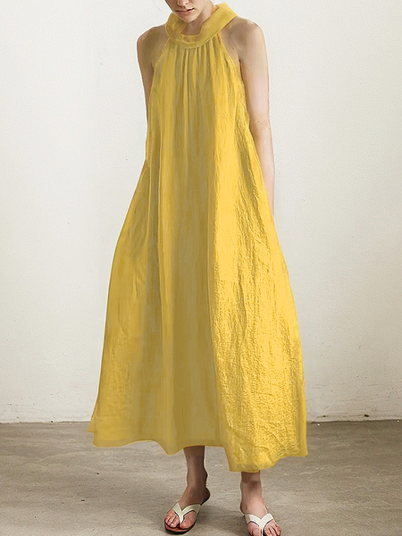 

Vacation Plain linen-cotton Halter Maxi Dress, Yellow, Maxi Dresses