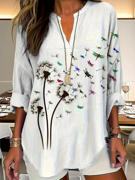 

Shawl Collar Half Sleeve Dragonfly Regular Loose Blouse For Women, As picture, Blouses