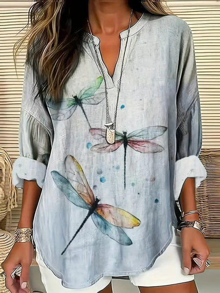 

Shawl Collar Half Sleeve Dragonfly Regular Loose Blouse For Women, As picture, Blouses