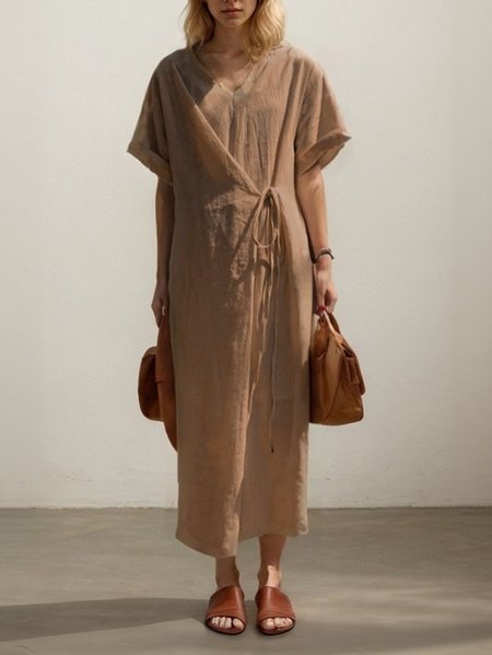 Linen Plain Crew Neck Maxi Dress, Deep brown, Maxi Dresses