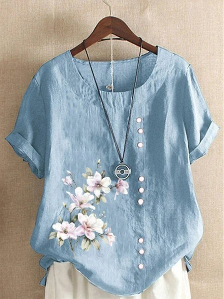 

Crew Neck Floral Casual Blouse, As picture, Blouses & Shirts