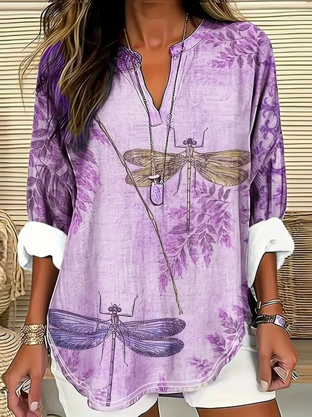 

Shawl Collar Half Sleeve Dragonfly Regular Loose Blouse For Women, Purple, Blouses