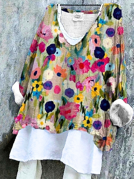 

Vintage Floral V Neck Long Sleeve T-shirt, As picture, T-shirts