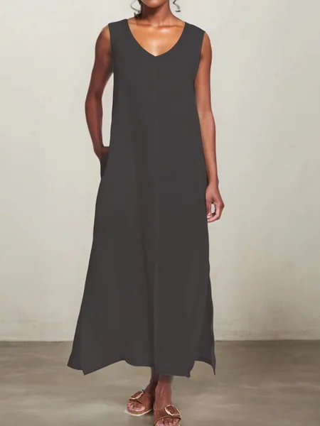 

STYLE WE x CHILLINEN |Loose Cotton And Linen Linen V Neck Dress, Gray, Midi Dresses