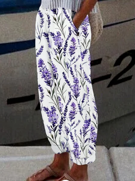 Women Floral Long Pant Casual Spring/Fall Trousers, White, Pants