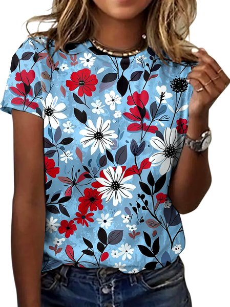 

Casual Floral Crew Neck Short Sleeve T-shirt, White, T-shirts