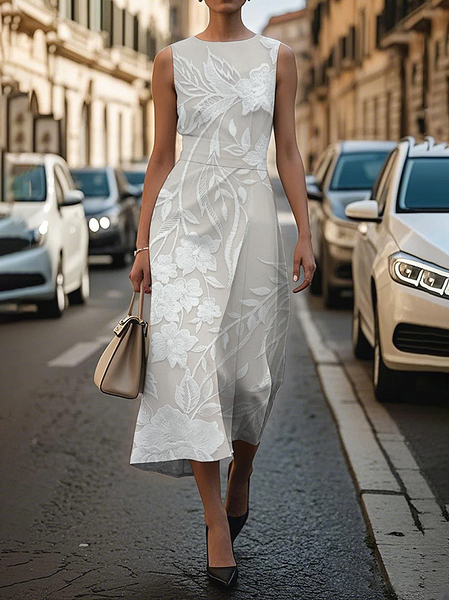 

Women Floral Sleeveless Summer Printing Dress Crew Neck Daily Vintage Maxi Shift Dress H-Line Dress, White, Casual Dresses