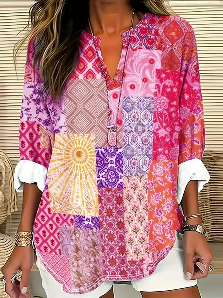 Shawl Collar Half Sleeve Floral Regular Loose Blouse For Women, Purple, Blouses