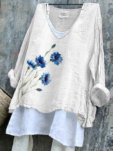 

Women Floral V Neck Vintage Long Sleeve T-shirt, White, Long Sleeves