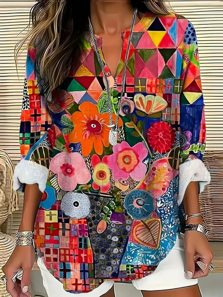 Shawl Collar Half Sleeve Floral Regular Loose Blouse For Women, As picture, Blouses