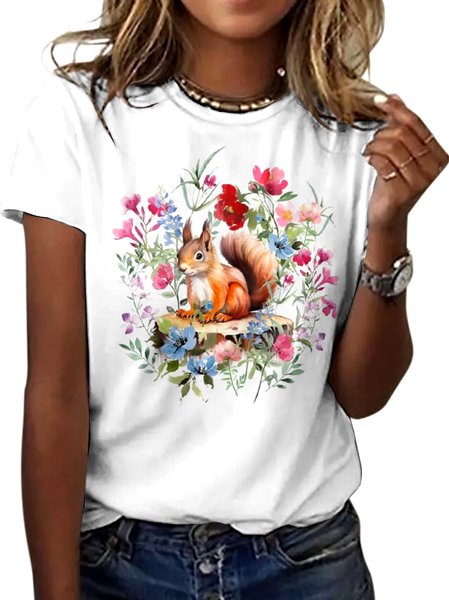 

Casual Floral Crew Neck Short Sleeve T-shirt, White, T-shirts