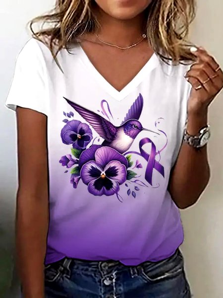 

Casual Floral V Neck Short Sleeve T-shirt, Light purple, T-shirts
