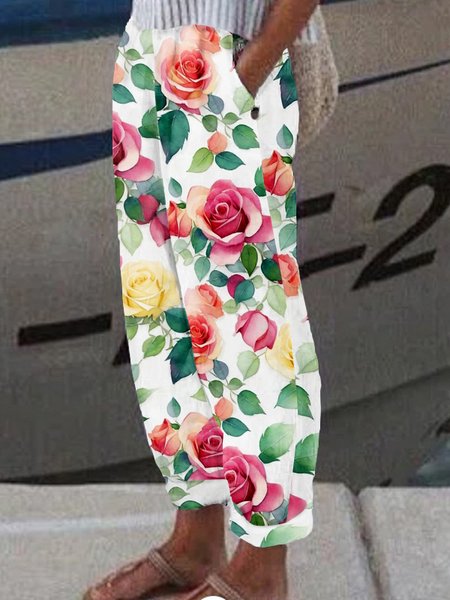 

Women Floral Long Pant Casual Spring/Fall Trousers, White, Pants
