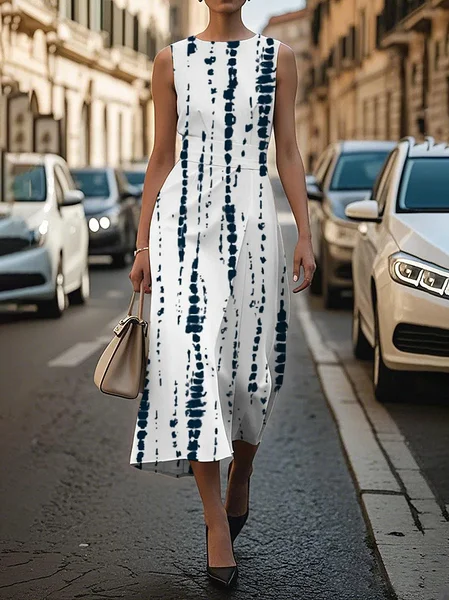 

Women Striped Sleeveless Summer Printing Dress Crew Neck Daily Vintage Maxi Shift Dress H-Line Dress, White, Casual Dresses