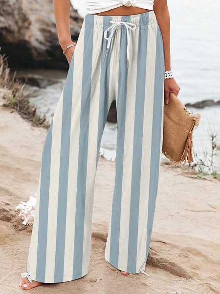 Women Striped Long Pant Casual Spring/Fall Trousers, Blue, Pants