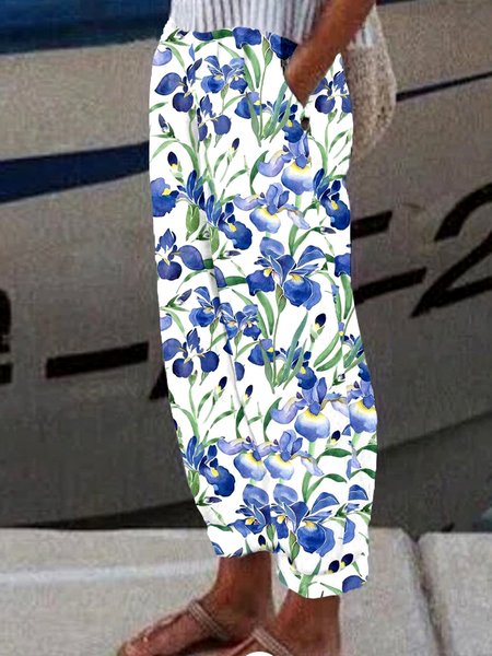 

Casual Floral Long Pant, White, Pants