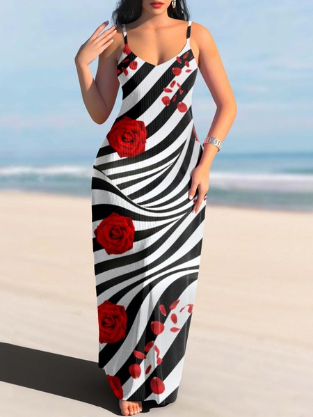 

Women Geometric Spaghetti Sleeveless Comfy Casual Maxi Dress, White, Maxi
