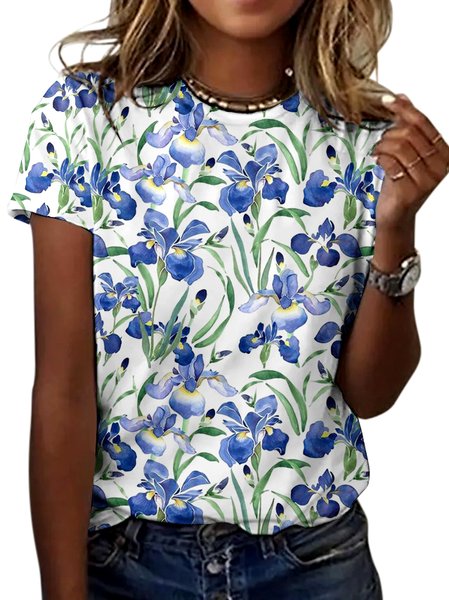 

Casual Floral Crew Neck Short Sleeve T-shirt, White, T-shirts
