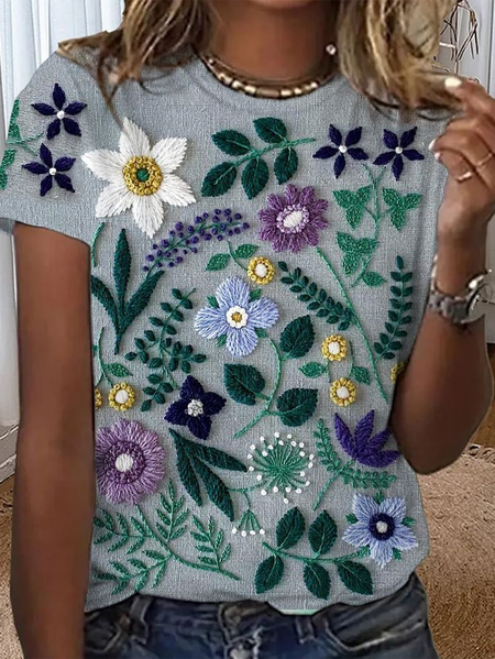 Women Floral Short Sleeve Tee T-shirt Crew Neck Printing Casual Summer Top, Gray, T-Shirts