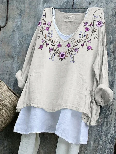 

Women Floral V Neck Vintage Long Sleeve T-shirt, White, Long Sleeves