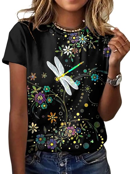

Casual Floral Crew Neck Short Sleeve T-shirt, Black, T-shirts