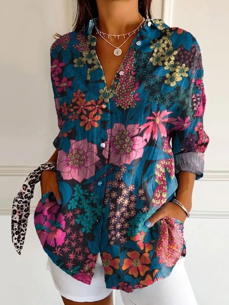 Vacation Floral Print Long Sleeve Comfy Loose Shirt For Women, Blue, Shirts