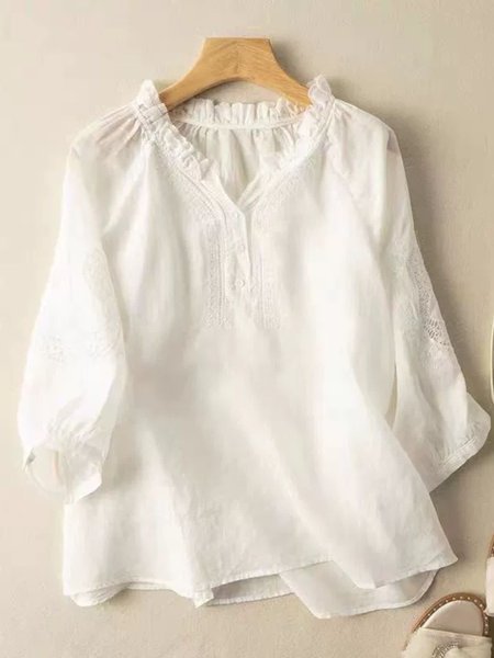 Lotus Leaf Collar Long Sleeve Plain Regular Loose Blouse For Women, White, Blouses