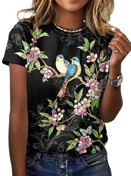 

Casual Floral Crew Neck Short Sleeve T-shirt, Black, T-shirts
