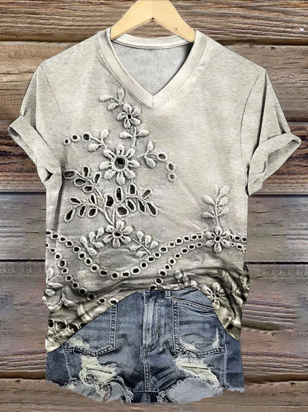 

Casual Floral V Neck Short Sleeve T-shirt, Apricot, T-shirts