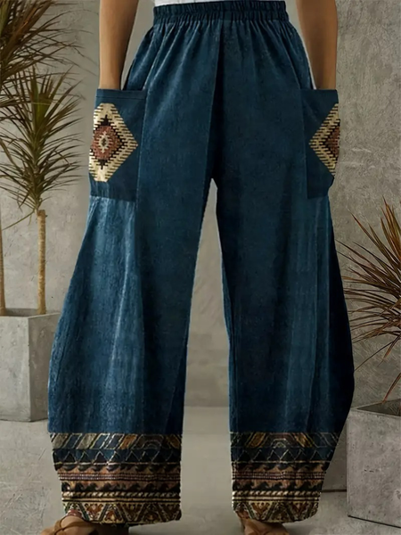 

Cotton Casual Regular Fit Ethnic Geometry Pants, As picture, Pants