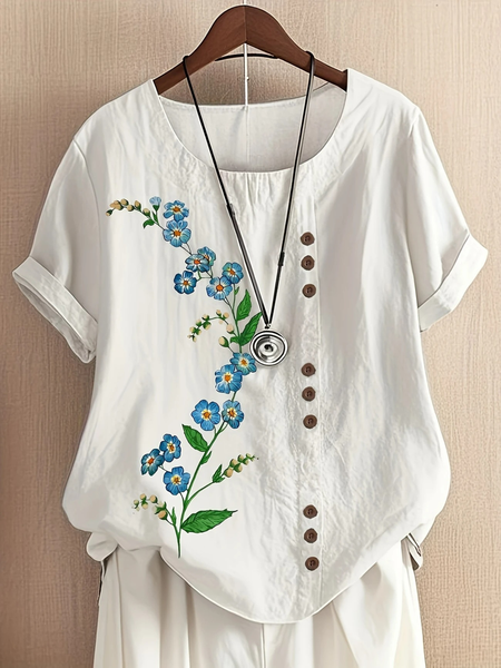 Crew Neck Half Sleeve Floral Regular Regular Fit Blouse For Women, White, Blouses