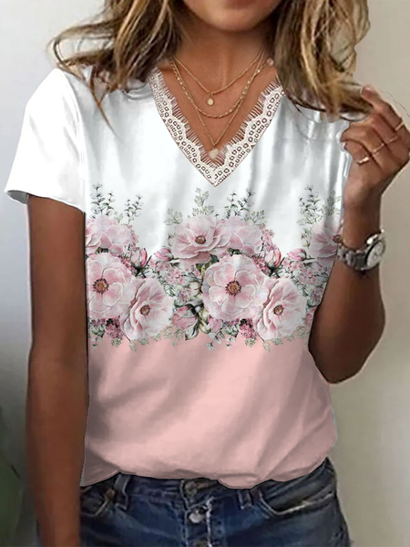 

Casual Floral V Neck Short Sleeve T-shirt, Pink, T-shirts