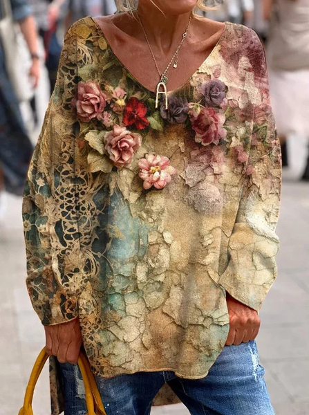 

Women's Long Sleeve Tee T-shirt Spring/Fall Floral Printing V Neck Casual Top, As picture, T-Shirts