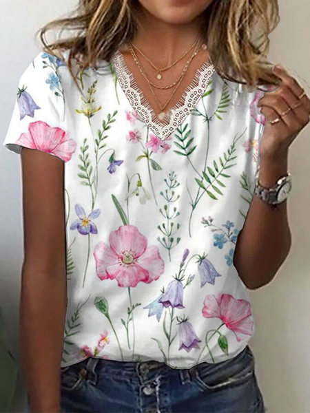 

Casual Floral V Neck Short Sleeve T-shirt, White, T-shirts