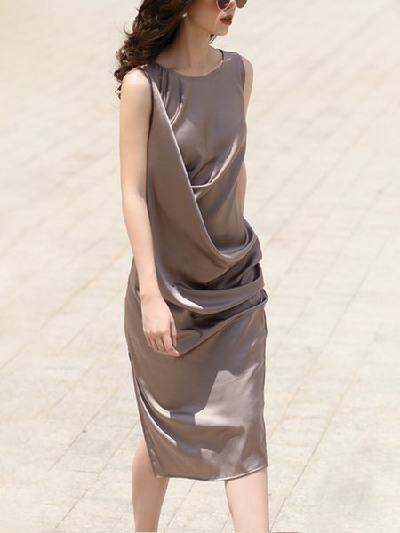 Satin Elegant Plain Ruched Crew Neck Knee Length Dress, As picture, Midi Dresses