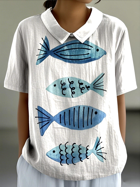 Shirt Collar Short Sleeve Animal Regular Micro-Elasticity Regular Fit Shirt For Women, White, Shirts