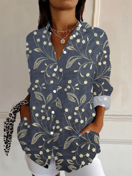 

Women Floral Long Sleeve Shirt Spring/Fall Buckle Shirt Collar Daily Casual Top, Purplish blue, Shirts