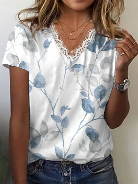 

Casual Floral V Neck Short Sleeve T-shirt, White, T-shirts