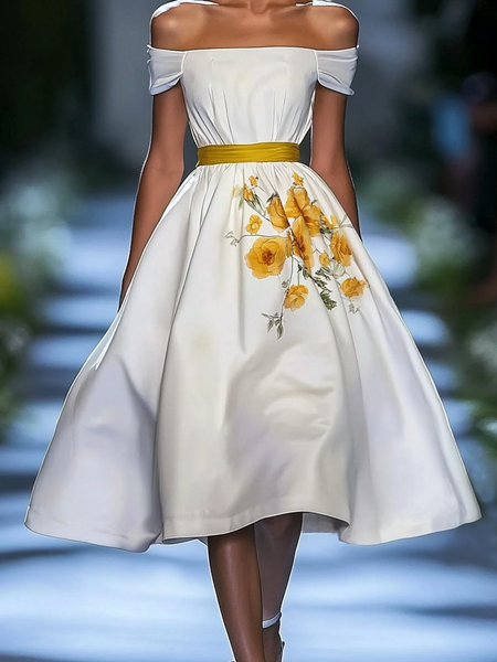 

Elegant Floral Printing Strapless Midi Dress With Belt, White, Midi Dresses