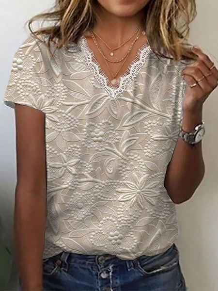 

Women Floral Short Sleeve Tee T-shirt V Neck Printing Casual Summer Graphic Tee Top, Apricot, T-Shirts