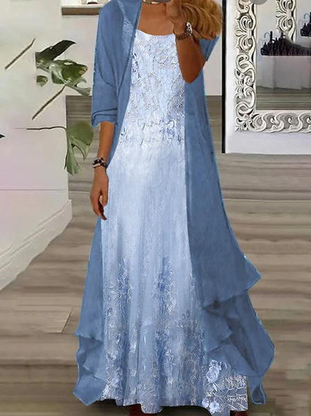 

Women Floral Crew Neck Three Quarter Sleeve Comfy Casual Printing Dress With Coat Two-Piece Set, Blue, Dresses