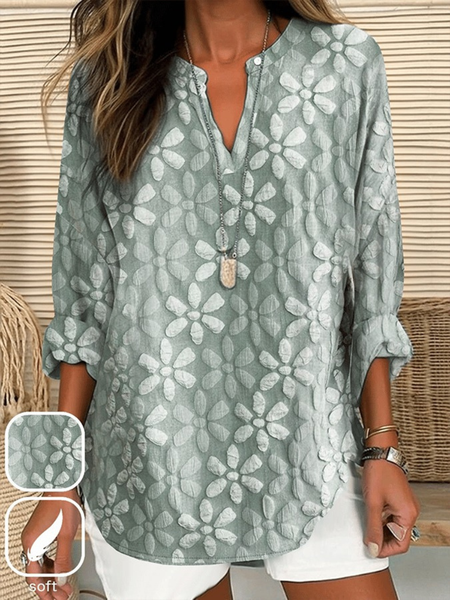 Shawl Collar Half Sleeve Floral Regular Loose Blouse For Women, As picture, Blouses