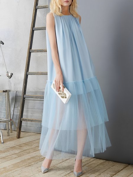 

Urban Plain Split Joint Gathered Mesh Crew Neck Maxi Dress, Light blue, Maxi Dresses