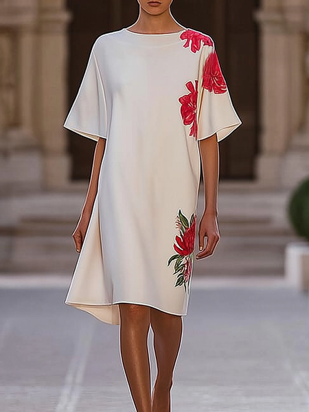 Casual Floral Printing Crew Neck Knee Length Dress, White, Midi Dresses